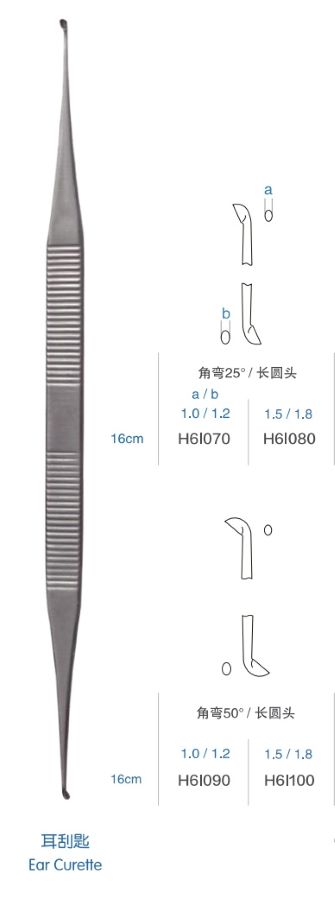 上海手术器械厂耳刮匙 长圆头16cm 角弯25° 头宽1.0/1.2(H6I070)