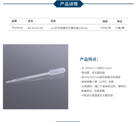 BS-XG-01-NS 1ml巴氏吸管非灭菌包装145mm 500支/盒,10盒/箱,9箱/层,2层/托(Biosharp白鲨)