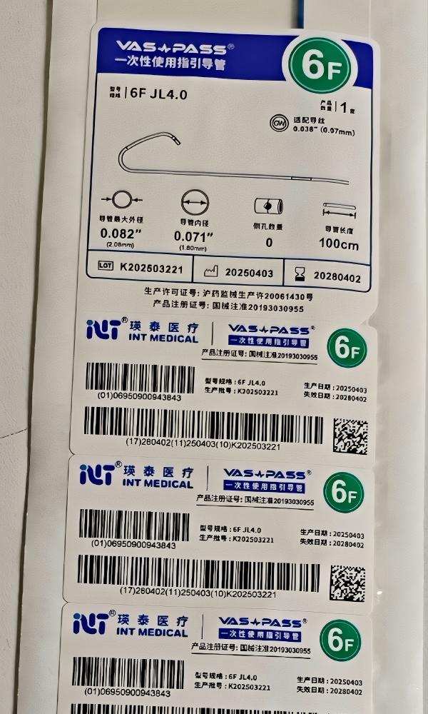 瑛泰一次性使用指引导管 6F JL4.0