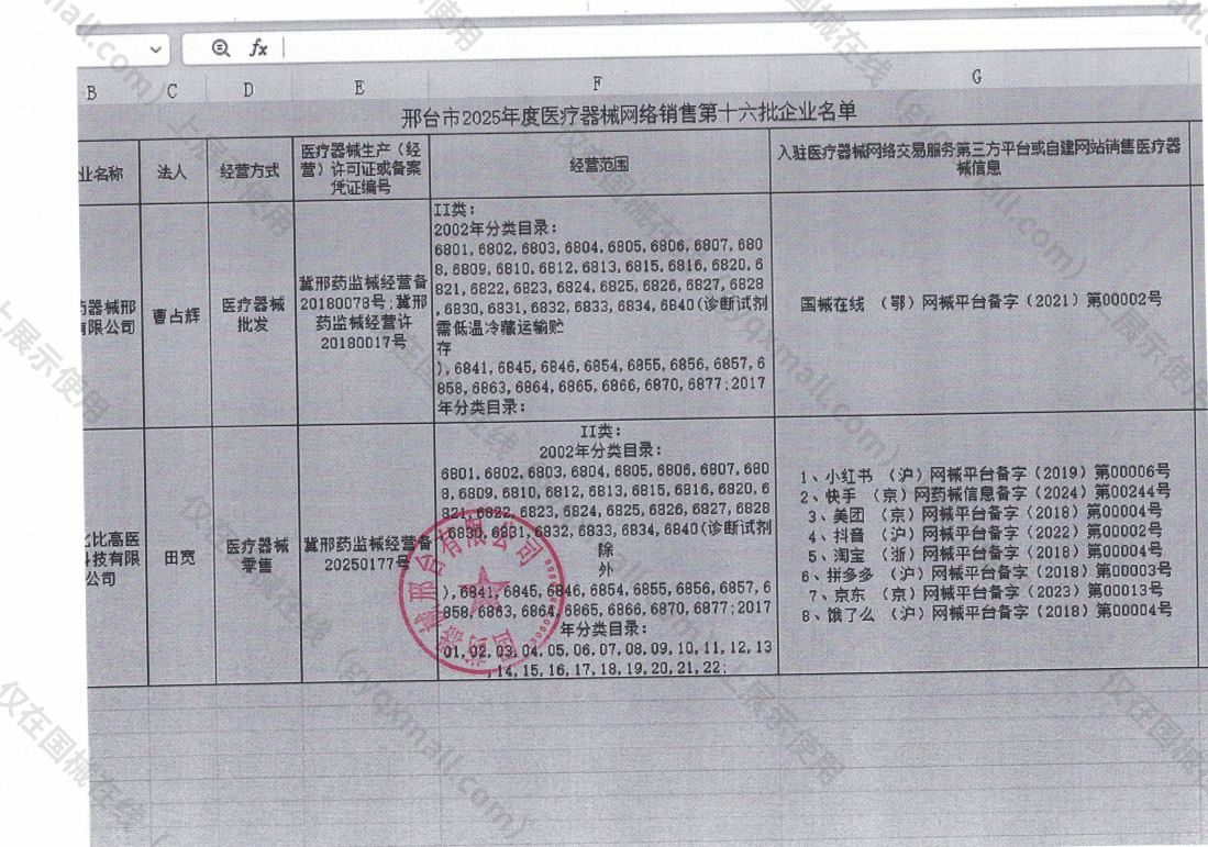 医疗器械网络销售备案-冀邢药监械经营备20180078号,004;冀邢药监械经营许20180017号,003