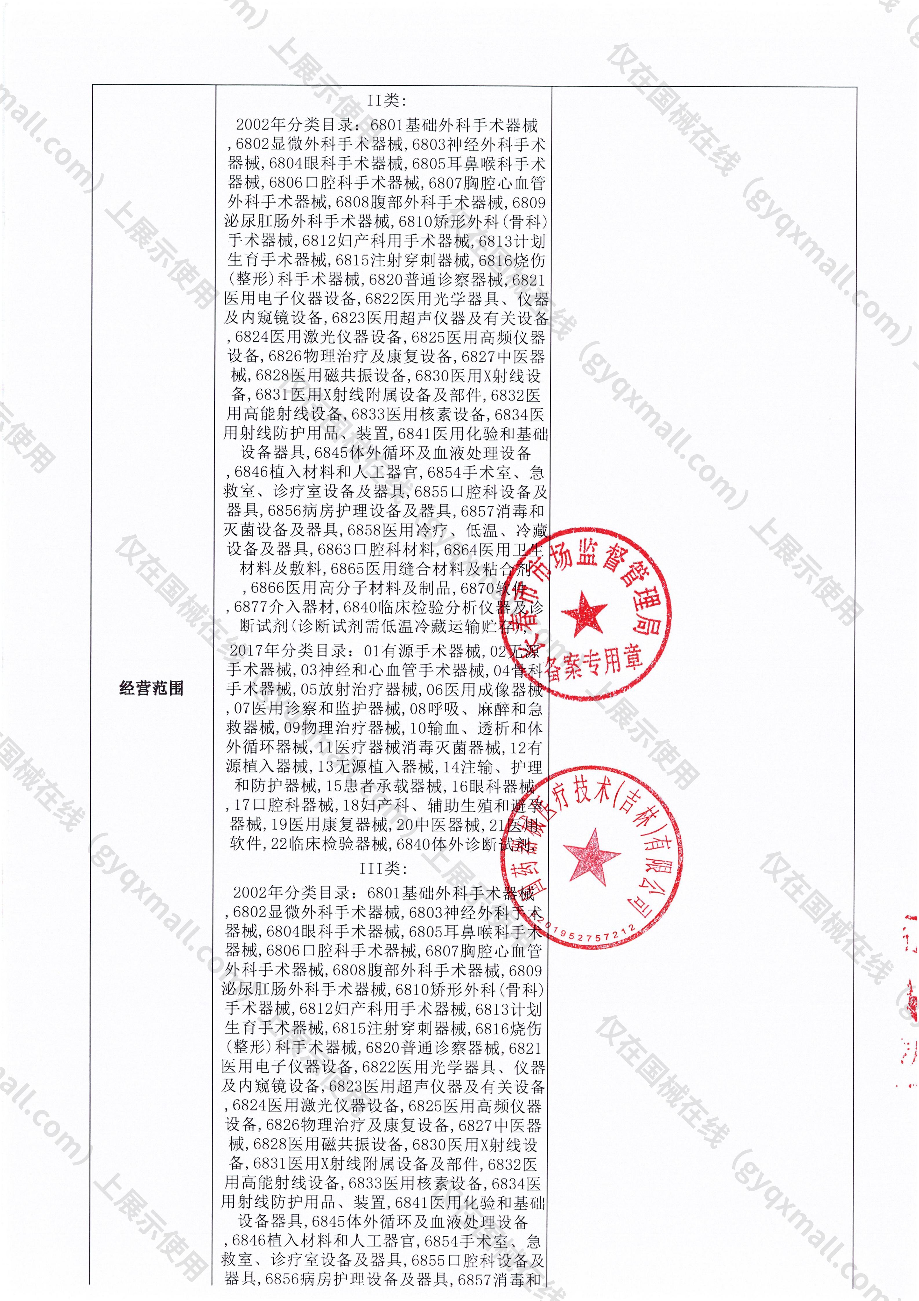 医疗器械网络销售备案-吉长药监械经营备20181243号,004;吉长药监械经营许20190314号,003
