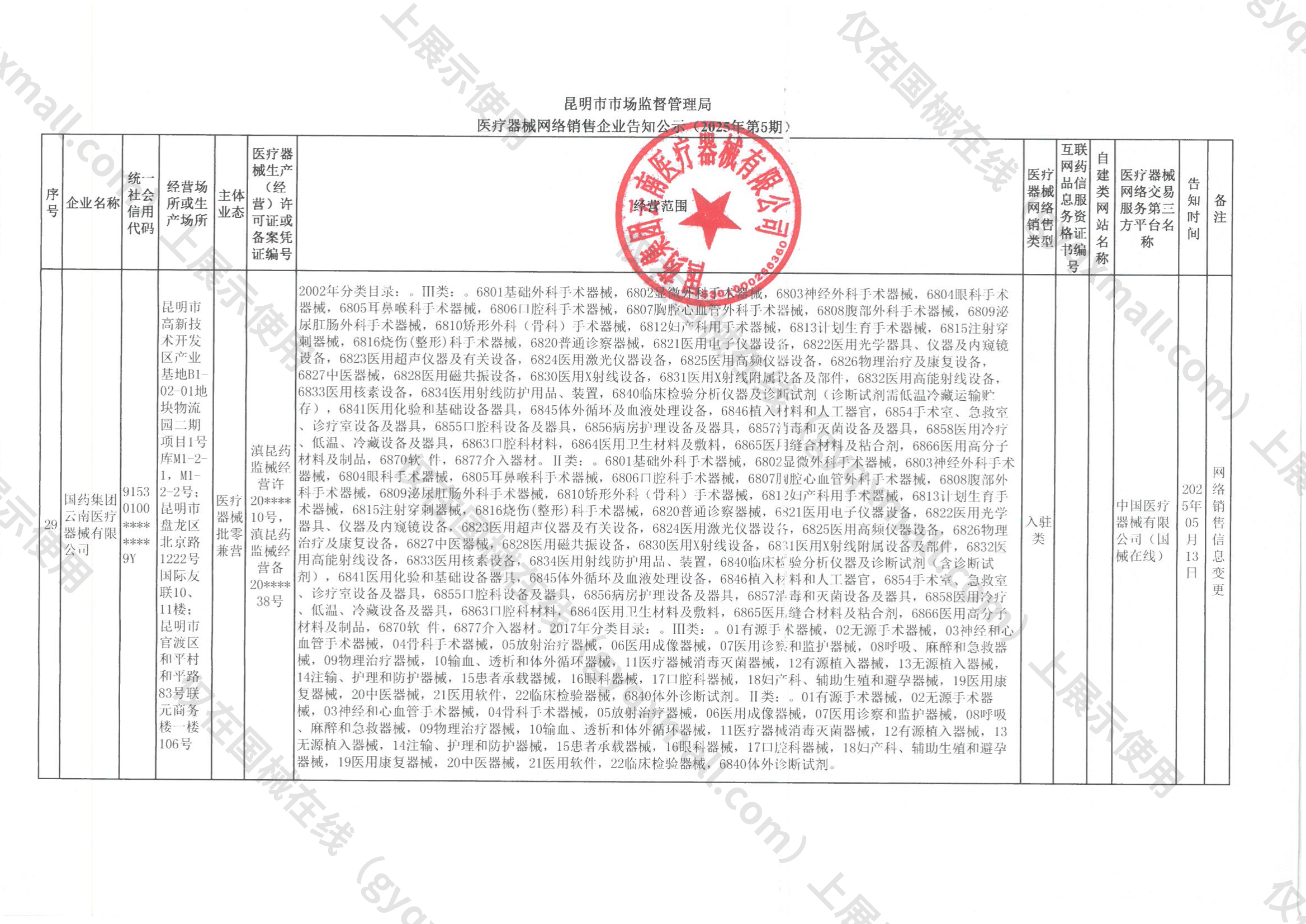医疗器械网络销售备案-滇昆药监械经营许20150410号,003;滇昆药监械经营备20150438号,004