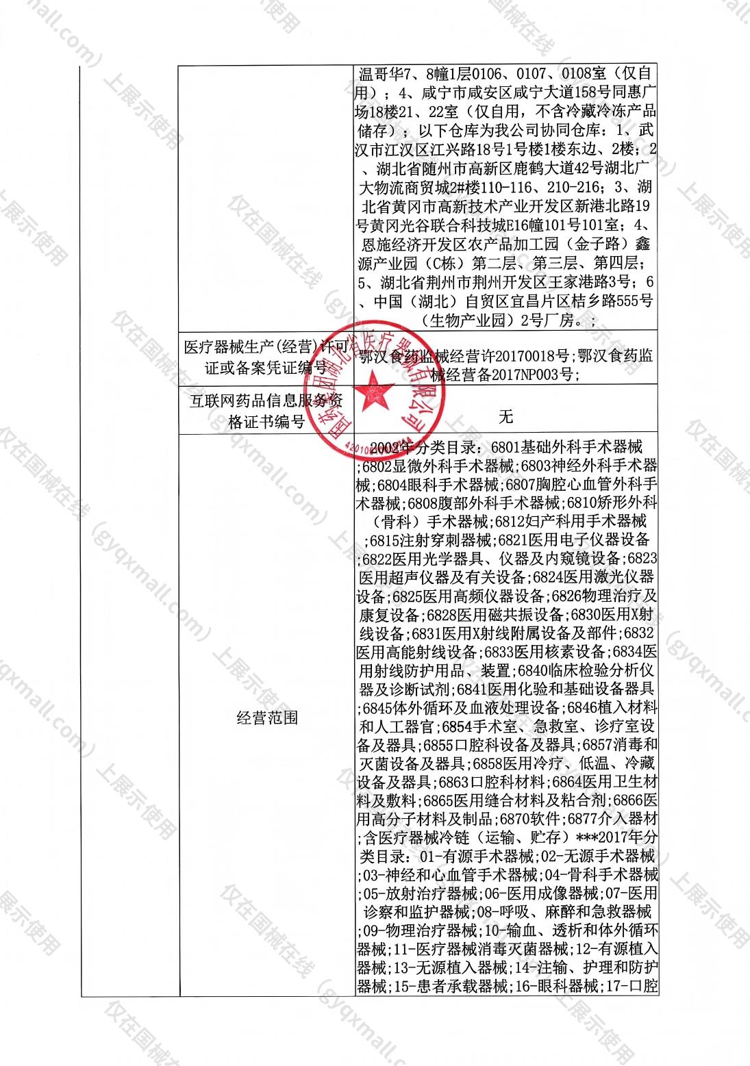 医疗器械网络销售备案-鄂汉食药监械经营备2017NP003号,004;鄂汉食药监械经营许20170018号,003
